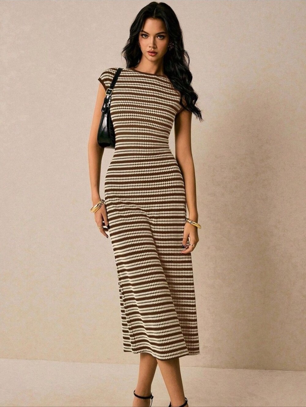 Soly Hux Knit Maxi Dress Size M brown Cream Geometric Stripe Bodycon NWT